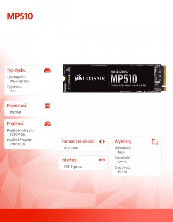 Corsair Dysk SSD 1920GB MP510 Series 3480/2700 MB/s PCIe M.2