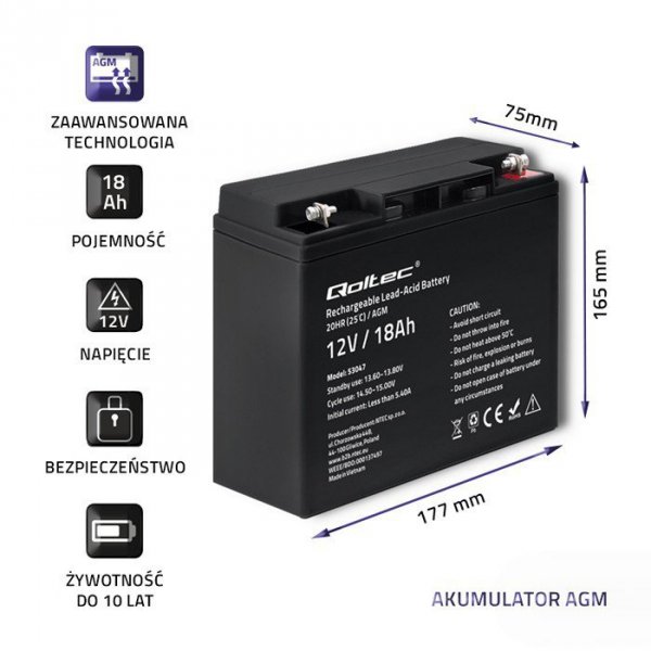 Qoltec Akumulator AGM 12V | 18Ah | max. 270A