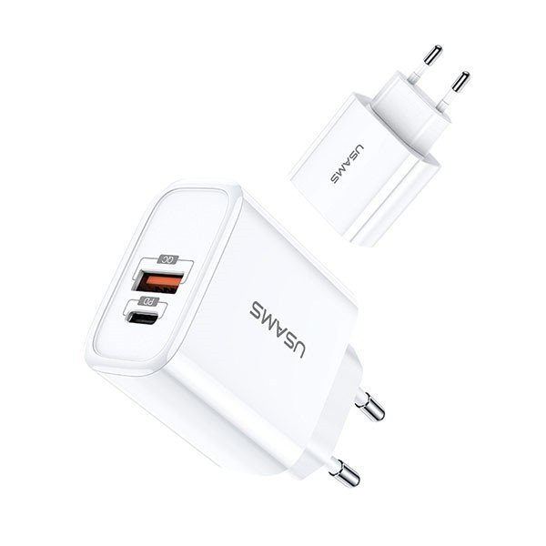 USAMS Ładowarka sieciowa USB+USB-C Fast Charging biała