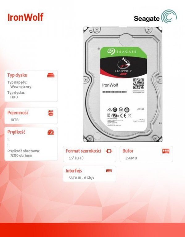Seagate Dysk IronWolf 10TB 3,5 256MB ST10000VN0008