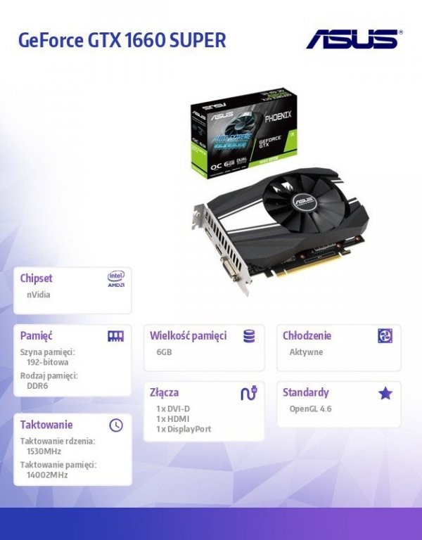 Asus Karta graficzna GeForce Phoenix GTX 1660 SUPER OC 6GB 192BIT GDDR6 HDMI/DP/DVI-D