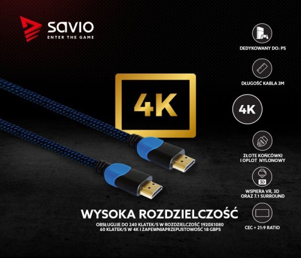 Elmak Kabel HDMI-HDMI v2.0, OFC, miedź, 3D, gamingowy, PLAYSTATION, niebiesko-czarny, oplot, 4K, 3.0m SAVIO GCL-05