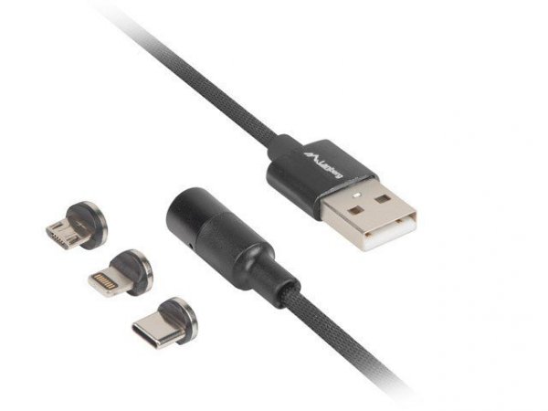 Lanberg Kabel magnetyczny COMBO USB-A(M)-&gt;USB MICRO(M)+LIGHTNING(M)+USB-C(M) 2.0 1m czarny QC 3.0