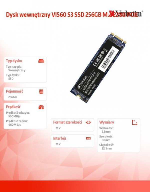 Verbatim Dysk wewnętrzny VI560 S3 SSD 256GB M.2 2280 SATA