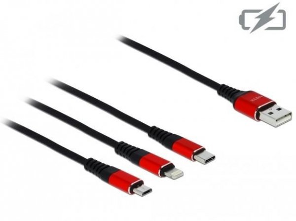 Delock Kabel 3IN1 USB-A(M)-&gt;LIGHTNING(M)+MICRO-B(M)+USB-C(M) tylko ładowanie 1M czerwony/czarny
