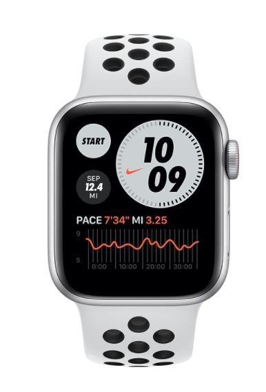 Apple Zegarek Nike SE GPS + Cellular, 44mm koperta z aluminium w kolorze srebrnym z paskiem sportowym  czysta platyna/czarny Nik