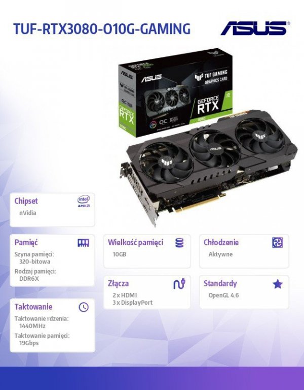 Asus Karta graficzna GeForce RTX 3080 TUF Gaming OC 10GB GDDR6X 320bit 3DP/2 HDMI
