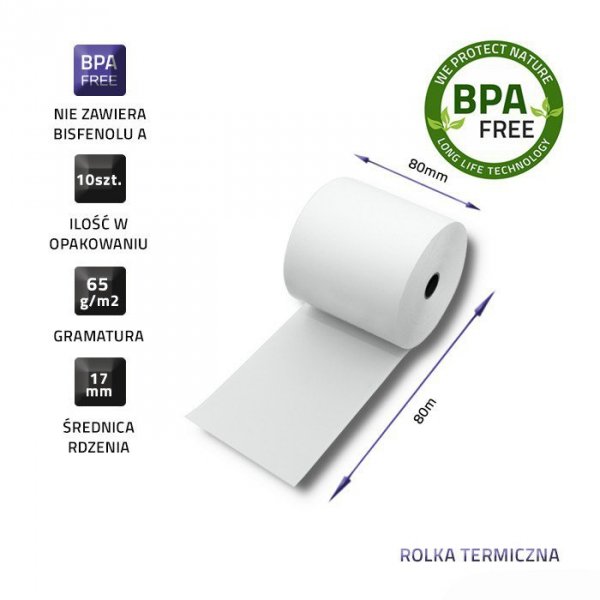 Qoltec Rolka termiczna 80x80 | 65g/m2 | 10szt. | BPA free