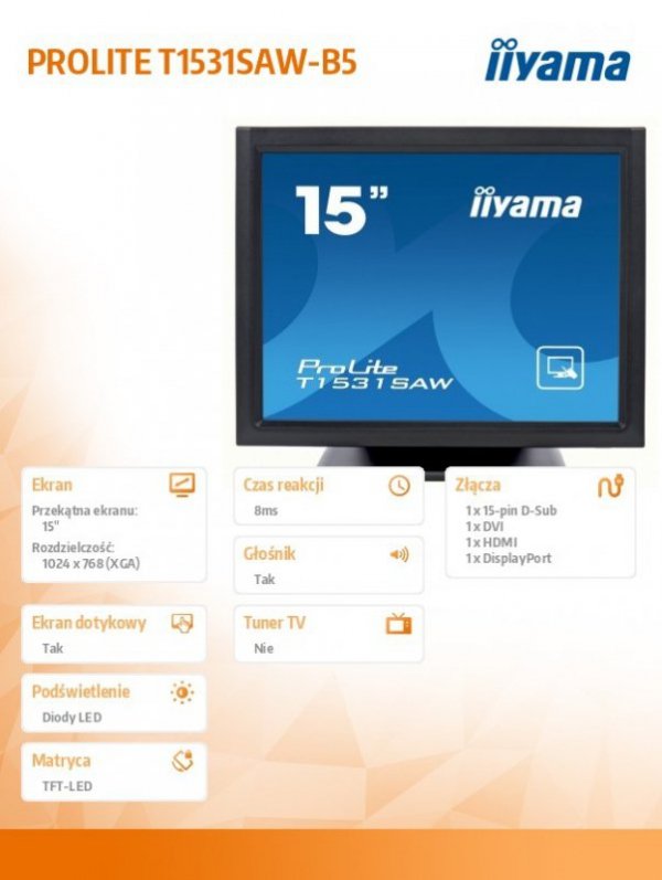 IIYAMA Monitor 15 cali T1531SAW-B5 HDMI, DP, USB, głośniki, IP54, 4:3