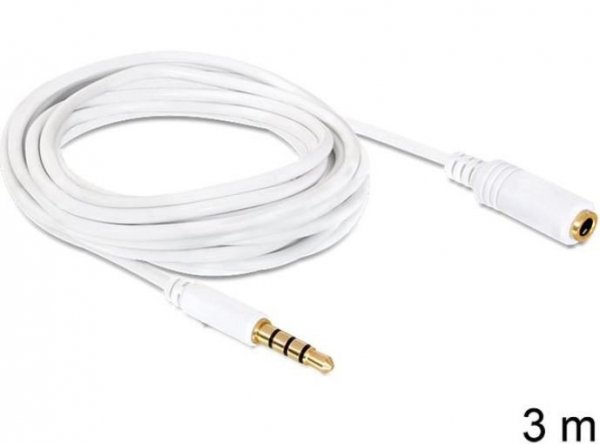 Delock Przedłużacz audio minijack 3.5mm M/F 4 PIN 3m biały dla iPhone