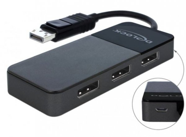 Delock Splitter Video Displayport 1.4-&gt;3x Displayport 4K na kablu 12.5 cm czarny