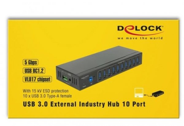 Delock HUB USB 3.0  10-port aktywny przemysłowy zewnętrzny 20KV ESD czarny