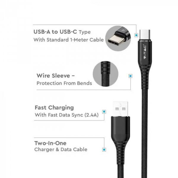 V-tac Kabel USB M - USB Typ-C M 1M 2.4A
