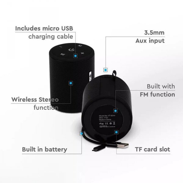 V-tac Przenośny głośnik Bluetooth Czarny