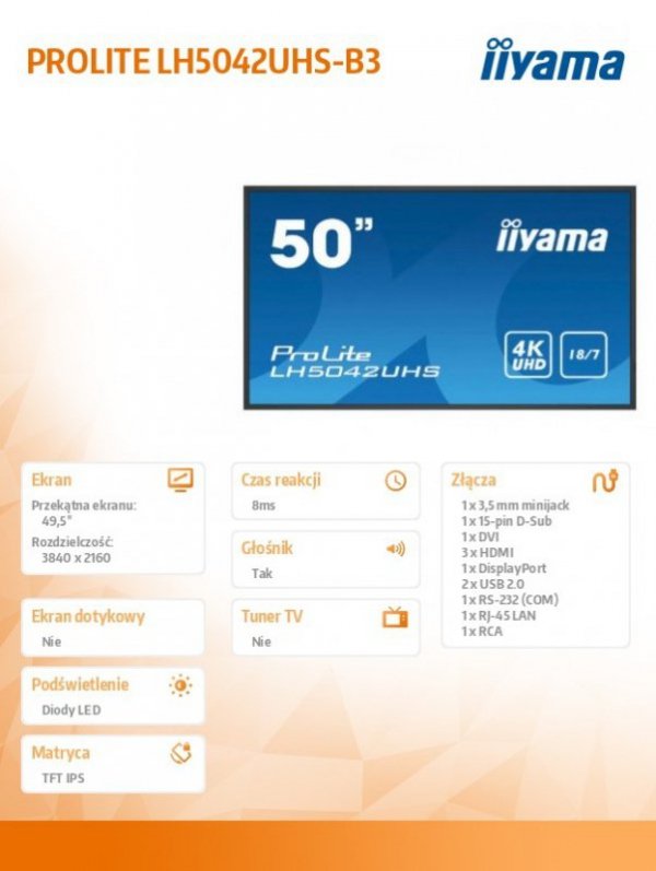 IIYAMA Monitor wielkoformatowy 49.5 cala LH5042UHS-B3 4K,18/7,SDM,IPS,LAN,PION,500cd/m2,OS8.0