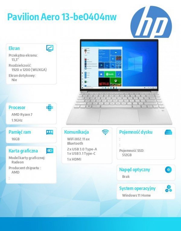 HP Inc. Notebook Pavilion Aero 13-be0404nw R7-5800U 512/16/W11H/13,3 4H3R3EA