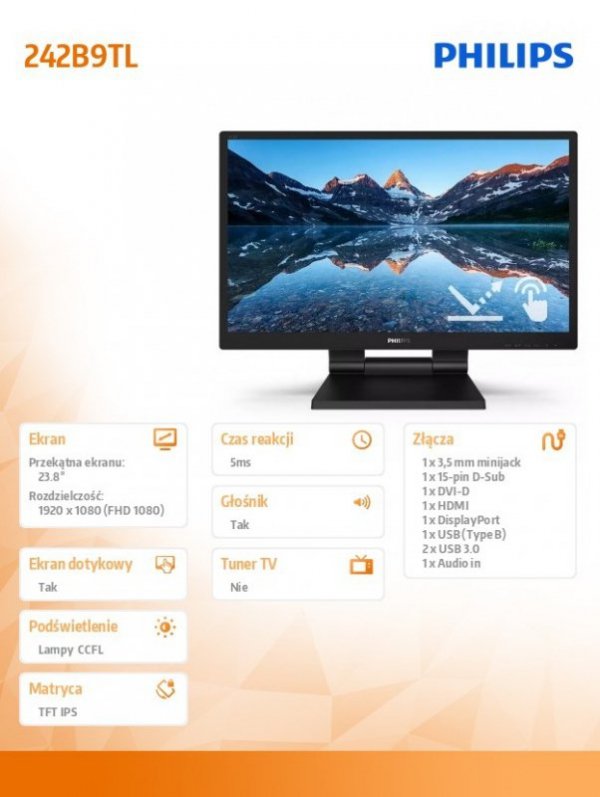 Philips Monitor 23.8 cali  242B9TL IPS Touch DVI HDMI DP