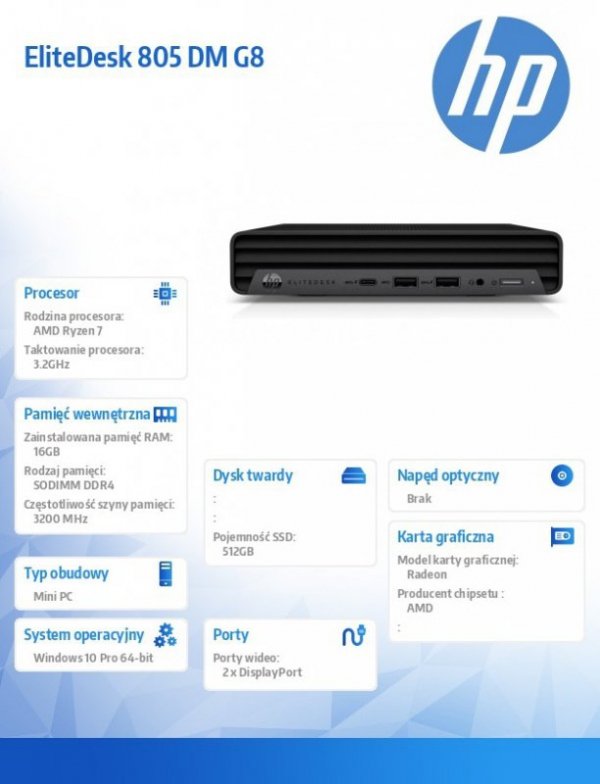 HP Inc. Komputer EliteDesk 805 DM G8 R7-5750 512/16GB/W10P    2V7R9EA