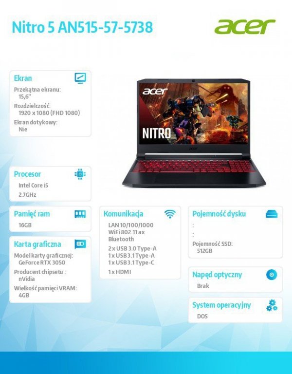 Acer Notebook Nitro 5 AN515-57-5738    ESHELL/i5-11400H/16G/512G/RTX3050/15.6&#039;&#039;