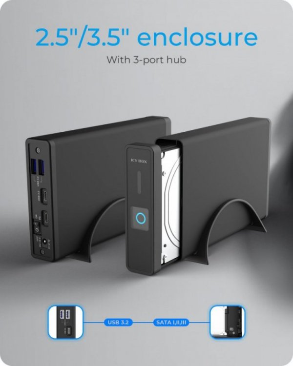 IcyBox Obudowa IB-382H-C31 2,5/3,5 HDD z wbudowanym HUB 1xUSB-C, 2xUSB -A,  12V2A