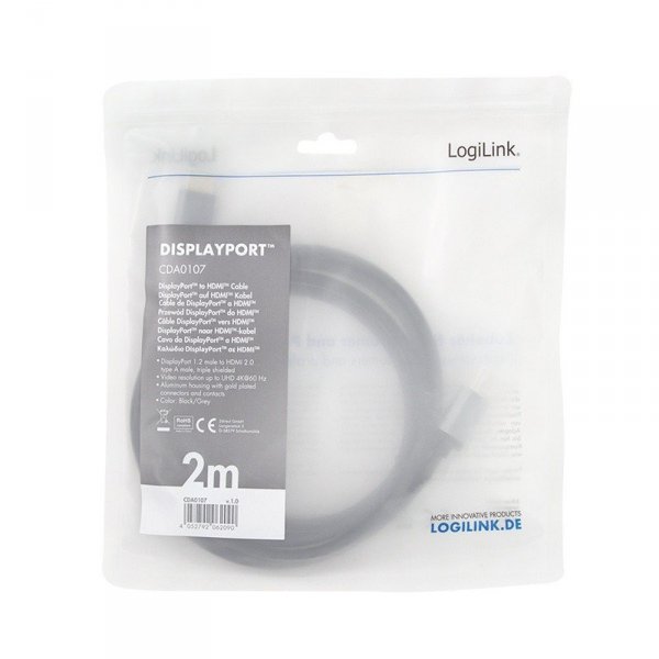 LogiLink Kabel DisplayPort 4K/60 Hz,DP do HDMI aluminiowy 2m