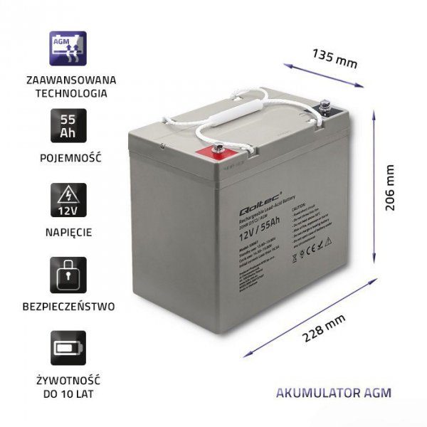 Qoltec Akumulator AGM | 12V | 55Ah | max. 825A