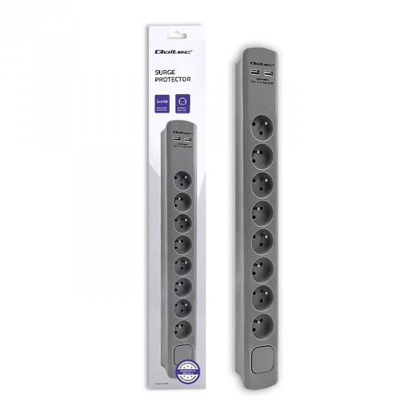 Qoltec Listwa antyprzepięciowa | 8 gniazd | 2xUSB | 1.8m | Szara