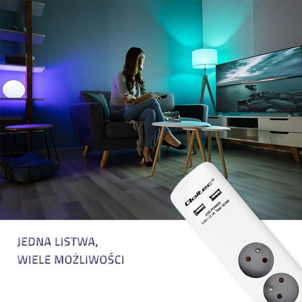 Qoltec Listwa antyprzepięciowa | 6 gniazd | 2 x USB | 1.8 m | Biało -   szara