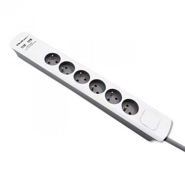 Qoltec Listwa antyprzepięciowa | 6 gniazd | 2 x USB | 1.8 m | Biało -   szara