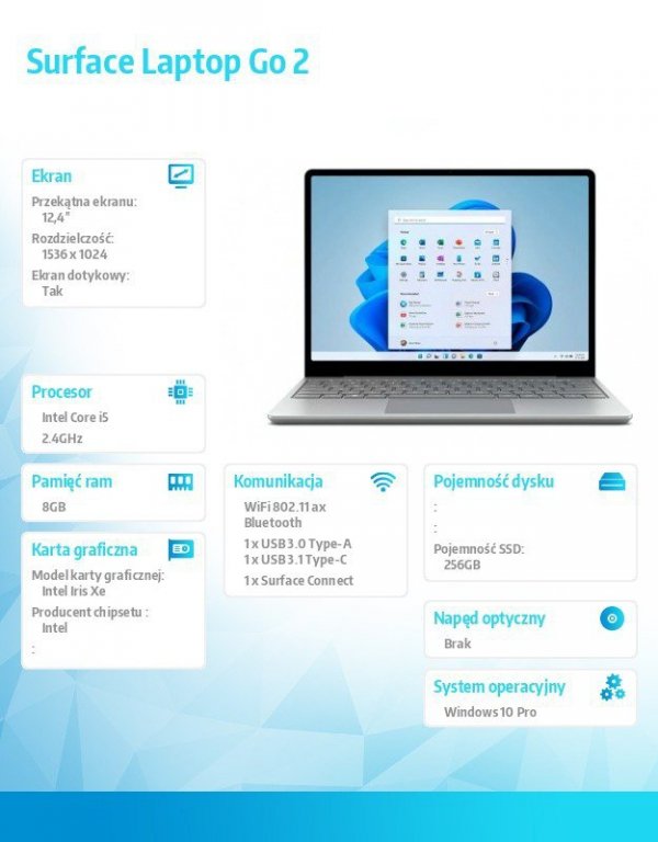 Microsoft Notebook Surface Laptop GO 2 Win10Pro i5-1135G7/8GB/256GB/INT/12.4&#039; Commercial Platinum KQR-00009