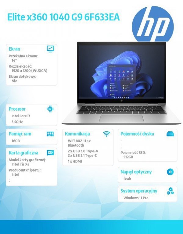 HP Inc. Notebook Elite x360 1040 14 cali G9 2-w-1 Wolf Pro SecurityEdition  W11P/14 i7-1255U/512/16  6F633EA