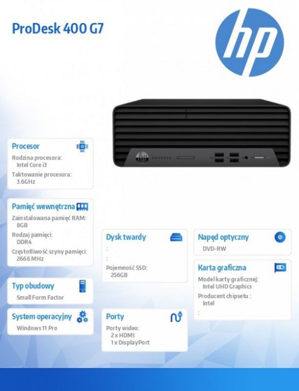 HP Inc. Komputer ProDesk 400 SFF G7 i3-10100 256/8G/DVD/W11P  5U5E4EA