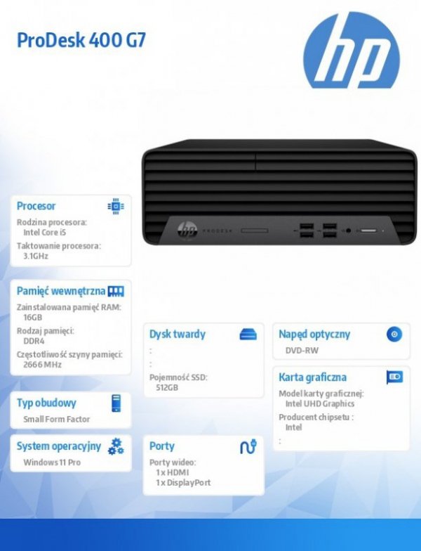 HP Inc. Komputer ProDesk 400SFF G7 i5-10500 512/16/DVD/W11P  5U5D0EA