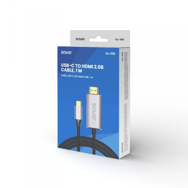 Savio Kabel USB- C v3.1 do HDMI 2.0B, 1m, srebrno-czarny, złote końcówki, CL-170