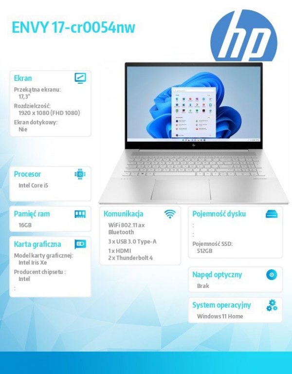 HP Inc. Notebook ENVY 17-cr0054nw W11H/17.3/i5-1240P/512GB/16GB  712Z0EA
