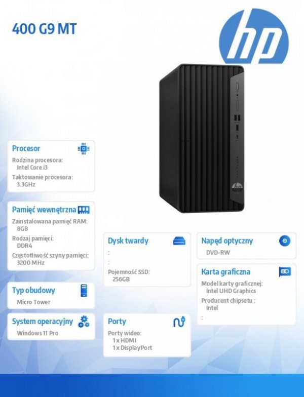 HP Inc. Komputer 400 G9 MT i3-12100 256GB/8GB/DVD/W11P 6A833EA