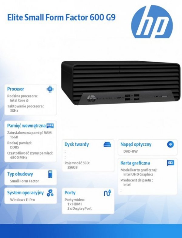 HP Inc. Komputer 600 SFF G9 i5-12500 256/16/DVD/W11P  6A816EA