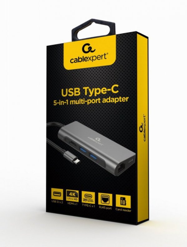 Gembird Adapter USB-C Hub HDMI 1xUSB-C GbE 2xUSB-A Card PD