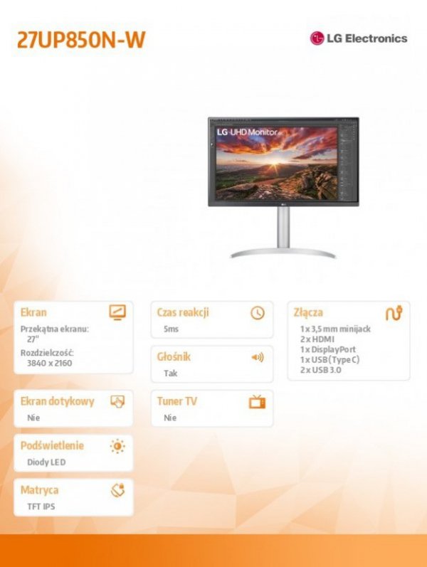 LG Electronics Monitor 27 cali 27UP850N-W UHD IPS USB-C V.Display HDR