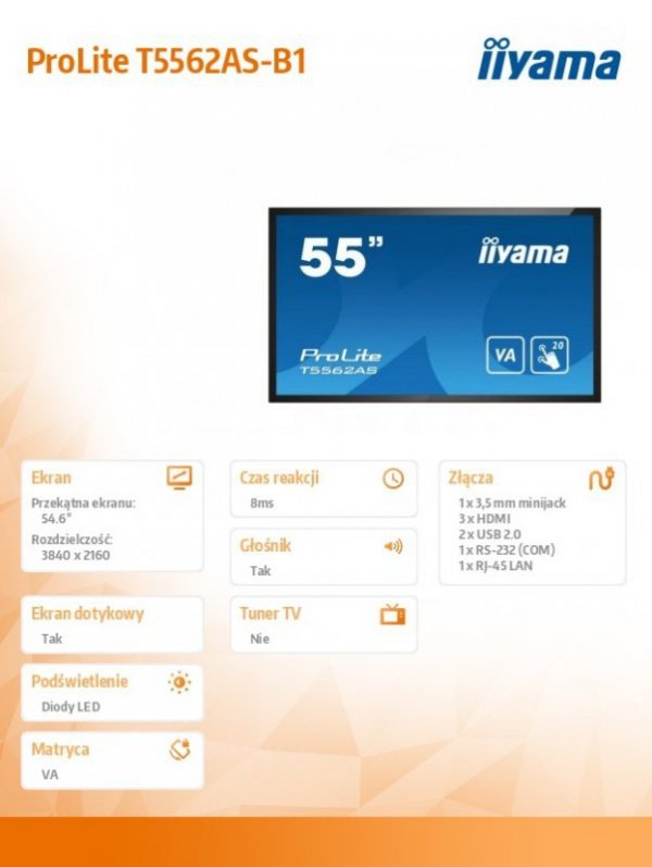 IIYAMA Monitor wielkoformatowy 55 cali T5562AS-B1 POJ.20PKT.24/7,VA,500cd,ANDROID8.0