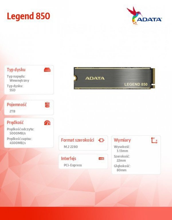 Adata Dysk SSD Legend 850 2TB PCIe 4x4 5/4.5 GB/s M2