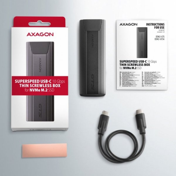AXAGON EEM2-GTS Obudowa zewnętrzna aluminiowa bezśrubowa, USB-C 3.2 GEN 2 M.2 NVMe SSD