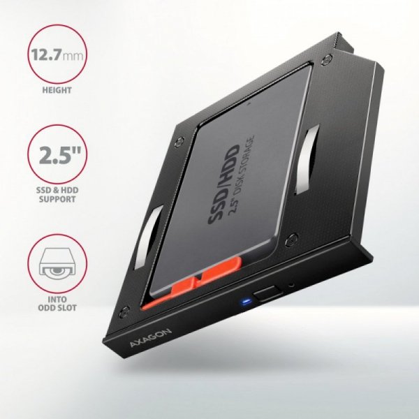 AXAGON RSS-CD12 Ramka na 2,5&quot; SSD-HDD do gniazda DVD, 12.7mm LED aluminium