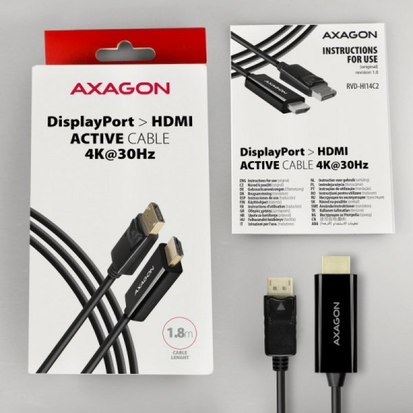 AXAGON RVD-HI14C2 Adapter aktywny DisplayPort -&gt; HDMI 1.4, 4K/30Hz, kabel 1,8m