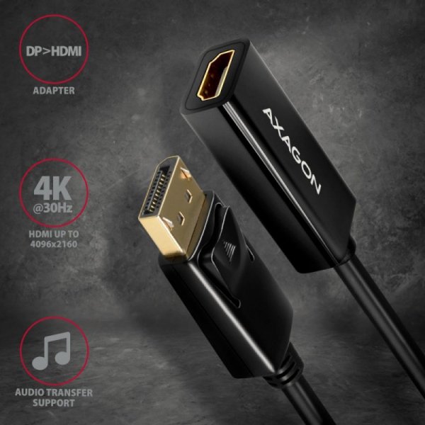 AXAGON RVD-HI14N Adapter aktywny Displayport -&gt; HDMI 1,4, 4K/30Hz, kabel 18cm