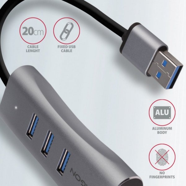 AXAGON HMA-GL3AP Wieloportowy hub metalowy 3x USB-A + GLAN, USB 3.2 Gen 1, 20cm USB-A kabel, microUSB dodatkowe zasilanie