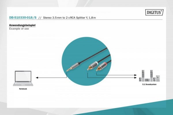 Digitus Kabel adapter audio MiniJack/Cinch Stereo Typ 3.5mm/2xRCA M/M nylon 1,8m