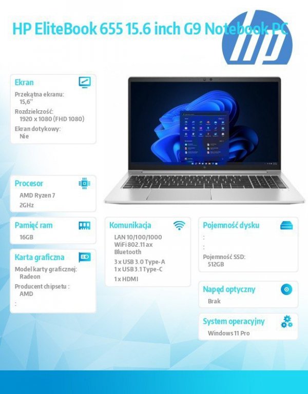HP Inc. Notebook EliteBook 655 G9 R7-5825U 512GB/16GB/W11P/15.6 6F1P8EA