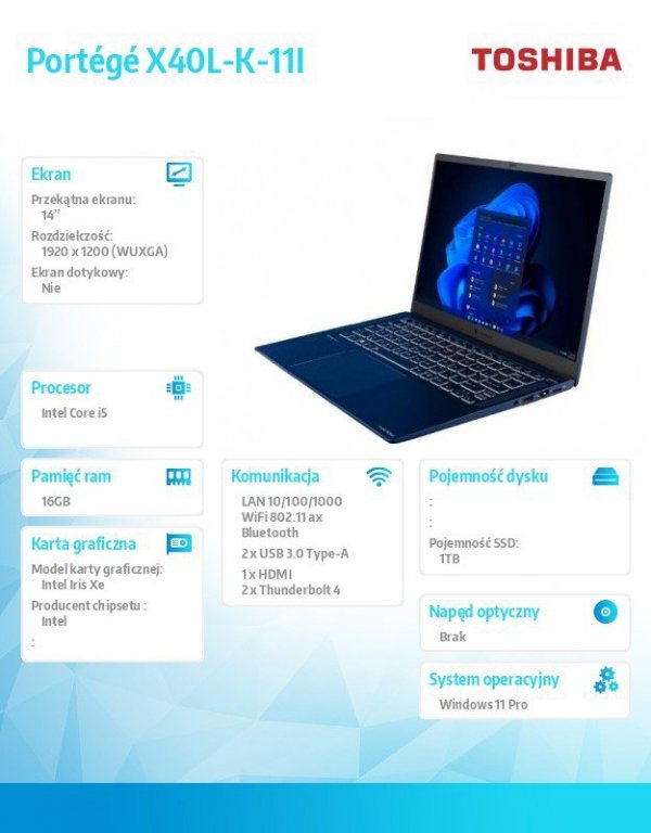 Toshiba Notebook Dynabook X40L-K-11I W11PRO i7-1240P/16GB/1TB/Integrated/14.0/1Y EMEA