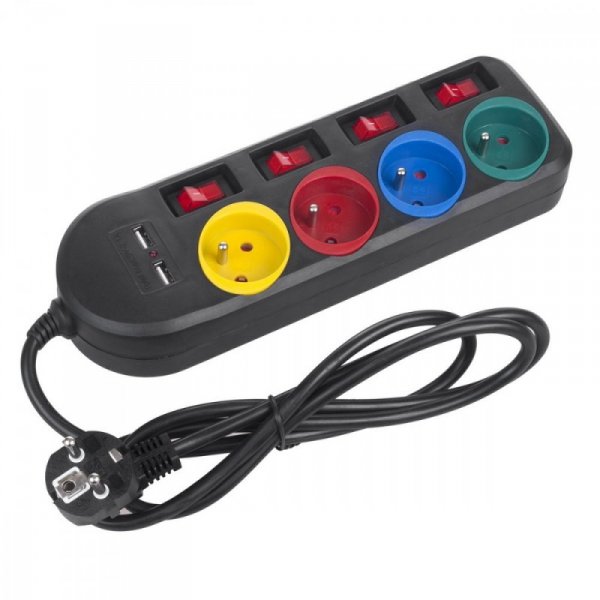 Maclean Listwa zasilająca z wyłącznikami 4 gniazda + 2xUSB przedłużacz MCE229B Czarna